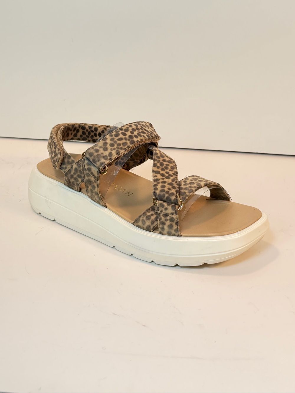 Stuart Weitzman Leopard Print Moxie Platform Sandal in Brown and Cream